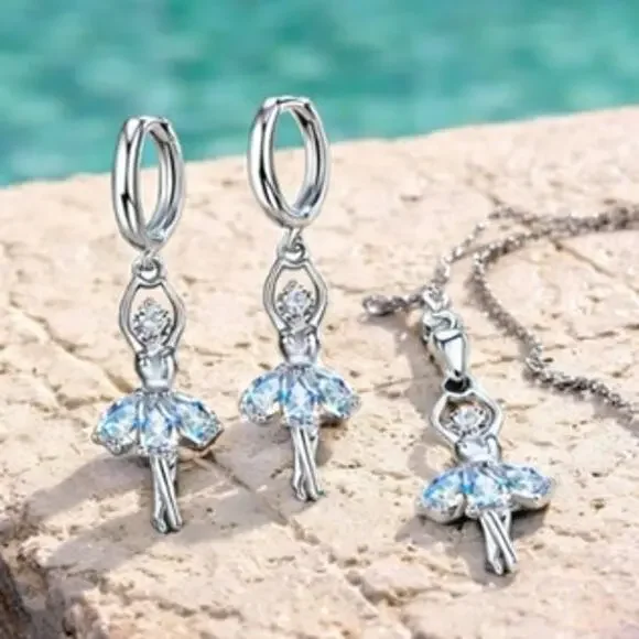 Sterling Silver Plated 925 CZ Ballerina Necklace & Hoop Earring Set - Picture 2 of 5